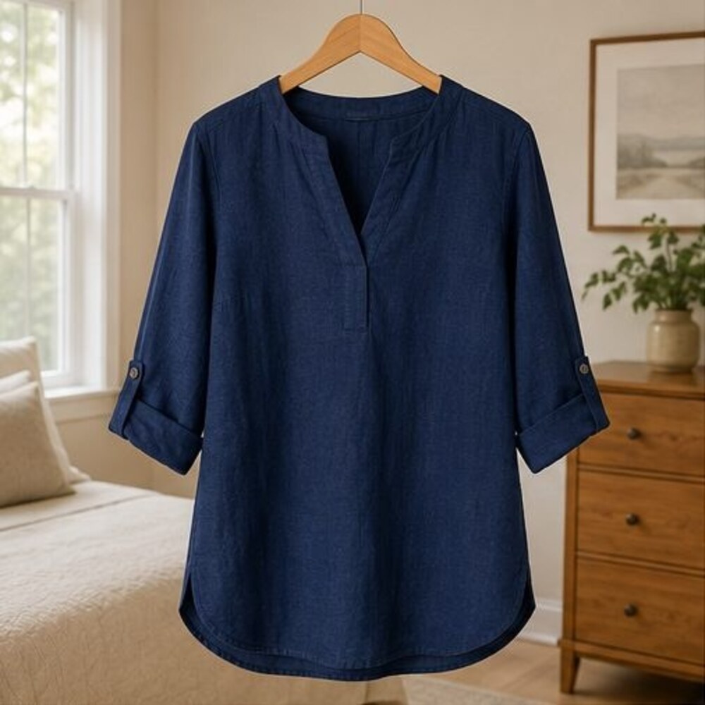 Navy Split Neck Tunic Blouse